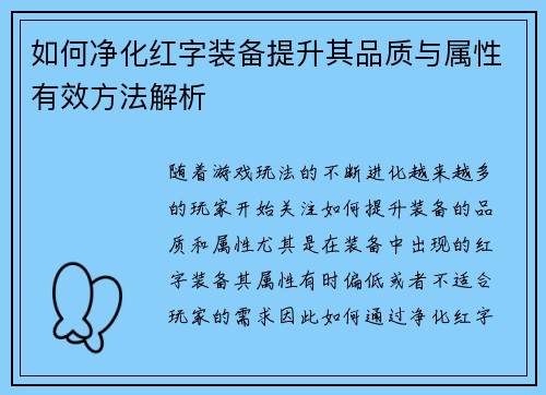 如何净化红字装备提升其品质与属性有效方法解析